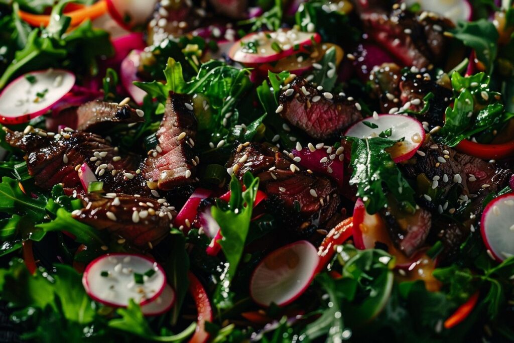 Tataki bœuf sésame: recette rapide avec salade croquante et sauce soja-gingembre