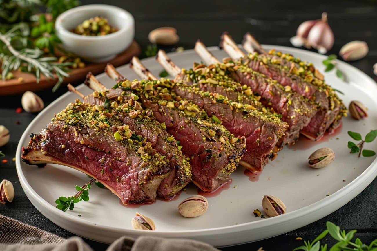 Carré d'agneau pistaches: recette gourmande et mousseline de patate douce au cumin