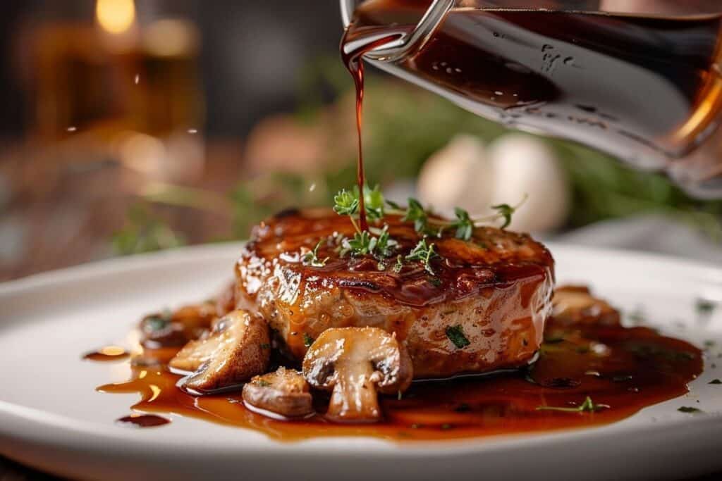 Côte de veau poêlée: harmonie de champignons sauvages et jus au cognac