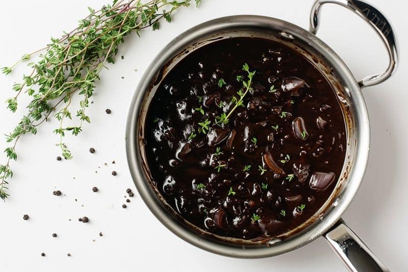 Préparer la duxelles et la sauce au vin rouge